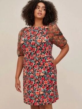 Torrid 18 2X Floral Puff Sleeve Shift Dress Black Red Organza Pockets